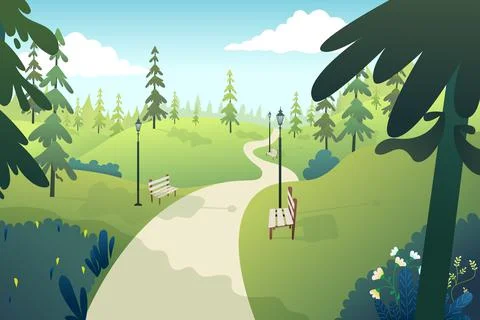 Public Park with bench in Spring. Stock Illustration