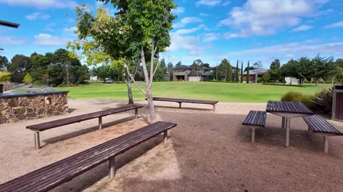 A public park featuring seating benches in a neighborhood of Australia Vídeos de archivo 308047647