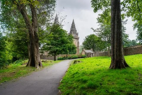 Public park with walking path from St Machar's Cathedral in Aberdeen, Scotland. Stock Photos