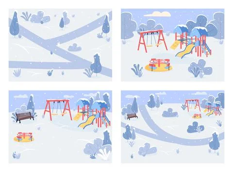 Public park in winter time flat color vector illustration set Ilustração Stock