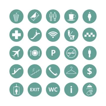 Public place navigation vector icons. Toilet, restaurant and elevator pictograms Illustrazione stock