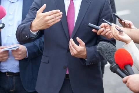 Public relations - PR. Media interview. News conference. Stock Photos