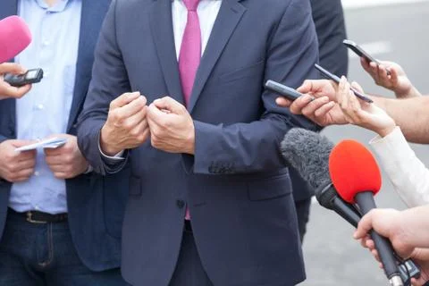 Public relations - PR. Media interview. News conference. Stock Photos