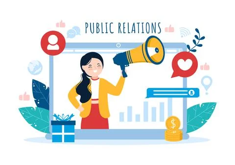 Public Relations Template Hand Drawn Cartoon Flat Illustration with Team for  스톡 일러스트