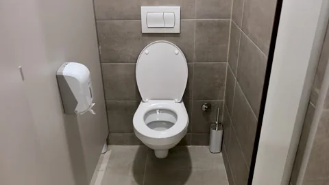 Public restroom stall with wall-mounted toilet and dual-flush plate. 库存影片 337856699