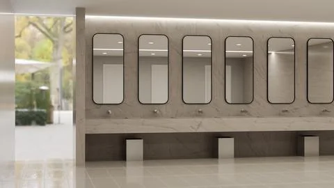 Public restroom vanity area with multiple rounded mirrors and marble counte.. Stock Illustration