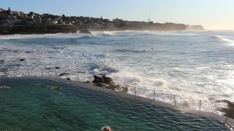 Public rock pool in Bronte beach with swimmers exercising as 4k. Stock Footage 137394993