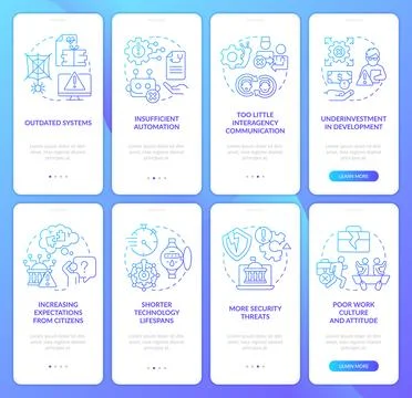 Public sector issues blue gradient onboarding mobile app screen set Stock Illustration