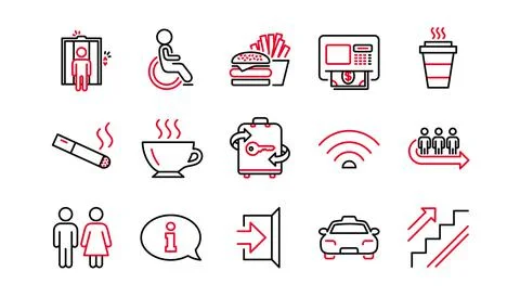 Public services line icons. Elevator, Taxi and Wifi. Linear icon set. Vector Stock Illustration