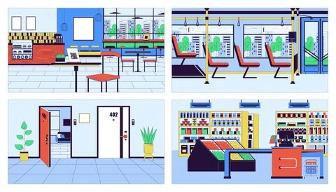 Public space interior cartoon flat illustration set Stock Illustration