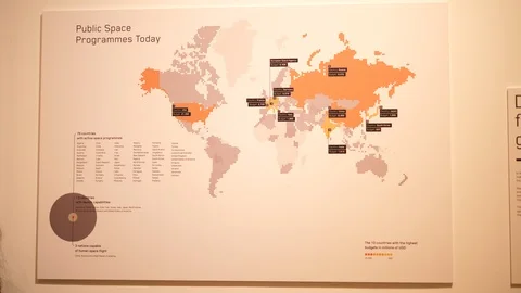Public Space Programmes Today. Educational Map with nation budgets in the world. Stock Footage 124714034