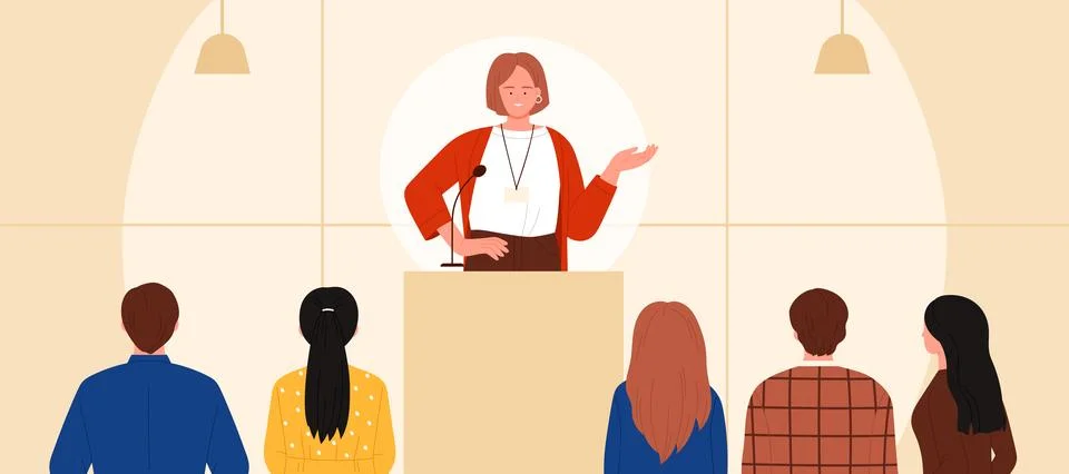 Public speech by speaker at podium in front of audience, woman standing at Stock Illustration