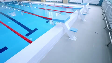 Public sports complex features clean aquatic racing tracks Stock Footage 335217454