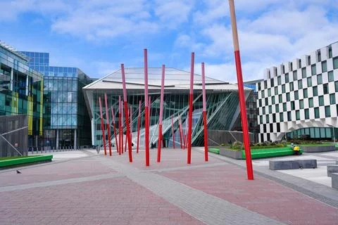 Public square surrounded by modern low-rise office buildings in the Docklands Stock Photos