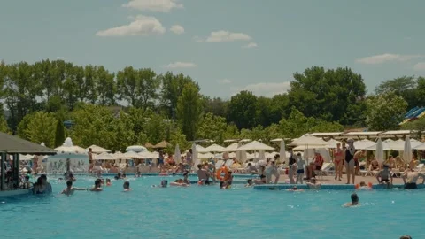 Public swimming pool on hill side. Video stock 299920980