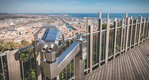 Public telescope on Mount St. Clair overlooking the town of Sete Stock Photos