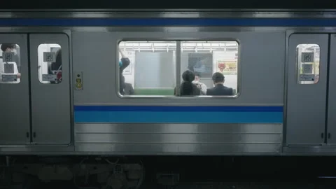 Public Train With Passengers Parked At The Railway Station In Sendai, Stock Footage 158352372