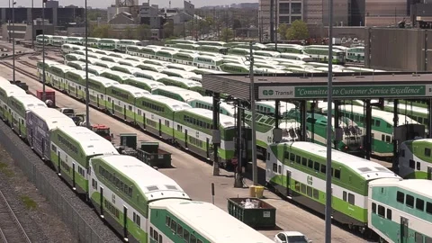 Public transit commuter trains sit parked during COVID 19 pandemic recession Stockbeeldmateriaal 154149099