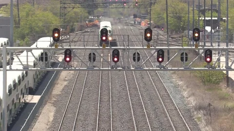 Public transit commuter trains sit parked during COVID 19 pandemic recession Stockbeeldmateriaal 154149288
