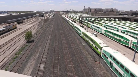 Public transit commuter trains sit parked during COVID 19 pandemic recession 스톡 동영상 154149486