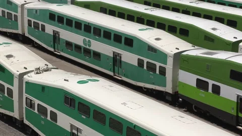 Public transit commuter trains sit parked during COVID 19 pandemic recession 스톡 동영상 154150951