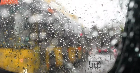 Public transport allowed in heavy rain. Poor visibility on the road Stock Footage 332269020