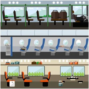 Public transport interior concept vector banners set. Bus, train and airplane 스톡 일러스트