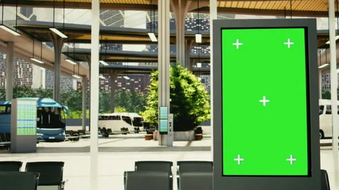 Public transport terminal with empty waiting area and digital route displays Stock Footage 334720493