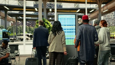 Public transportation scene showing commuters checking timetable screen Stock Footage 334721086
