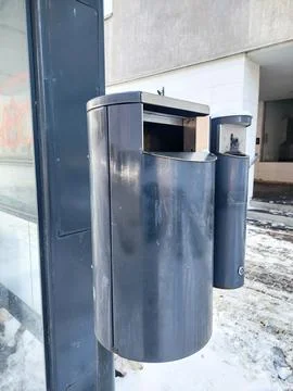 Public Trash Bin at Bus Stop in Winter Stock Photos