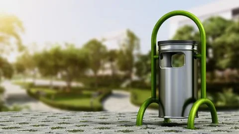 Public trash bin in the park. 3D illustration Ilustración de archivo