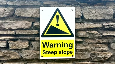 Public warning steep slope hazard yellow triangle sign notice with stone wall Stock Footage 343761298
