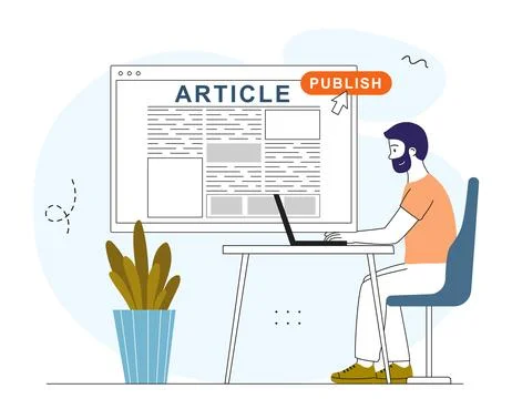 Publication of article. Man with laptop uploads article on Internet to website Stock Illustration