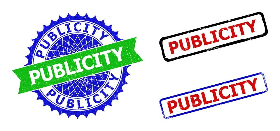 PUBLICITY Rosette and Rectangle Bicolor Stamp Seals with Grunge Surfaces Stock Illustration