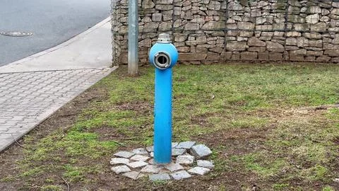 Publicly placed Blue Fire Hydrant located on a grassy area with a stone bas.. Stock Photos