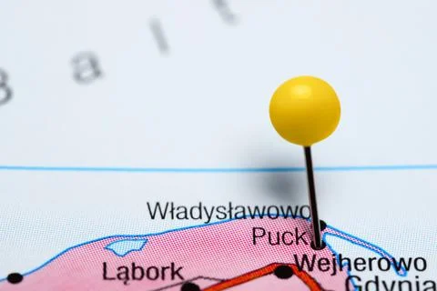 Puck pinned on a map of Poland 스톡 사진