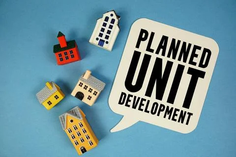 PUD Planned Unit Development text with house models on blue background Photos