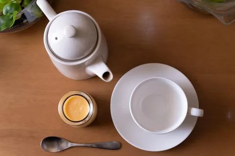 Pudding and white tea set 写真素材
