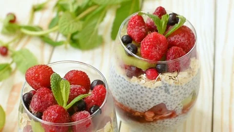 Pudding chia with fresh fruits Stock Footage 73573251