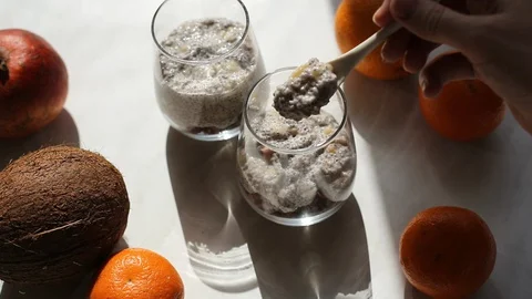 Pudding from chia seeds with coconut milk Stock Footage 128346398