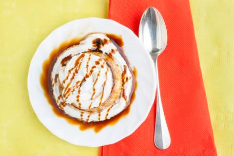 Pudding with cream and syrup Stock Photos