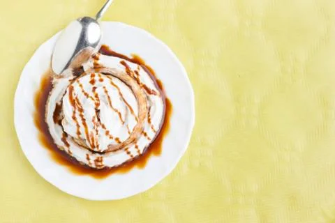 Pudding with cream and syrup Stock Photos