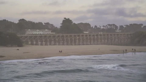 Pudding Creek Trestle Bridge Beach Foggy People Waves Clouds Timelapse Stock Footage 201049113