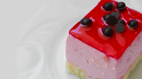 Pudding with strawberry jam and chocolate decoration Stock Footage 54338219