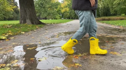 Puddle Adventures Boy in Yellow Rubber Boots on an Autumn Stroll Video stock 254159930