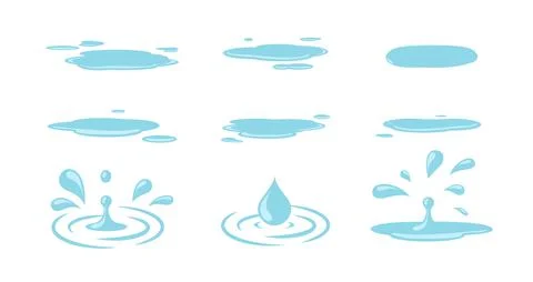 Puddle and drops. Water drops, isolated puddles cartoon elements. Autumn spring Stock Illustration