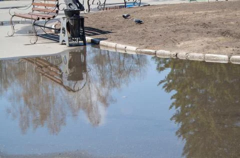 In a puddle of asphalt reflected the sky with clouds and trees in the Park Stock Photos