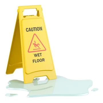 Puddle with Caution Wet Floor Sign, 3D rendering Stock Illustration