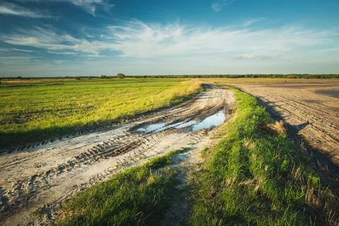 Puddle on dirt road, fields and clouds on the sky Stock Photos