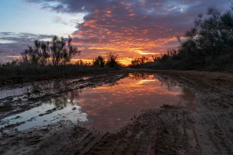 Puddle on a path in the field in which the sunset is reflected, with orange, Stock Photos